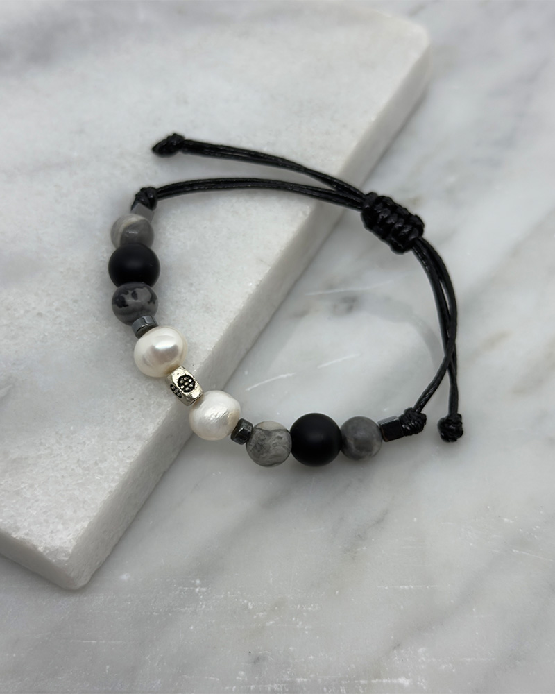Pulsera ajustable para hombre con perla cultivada de 10mm, onix mate y ojo de tigre gris