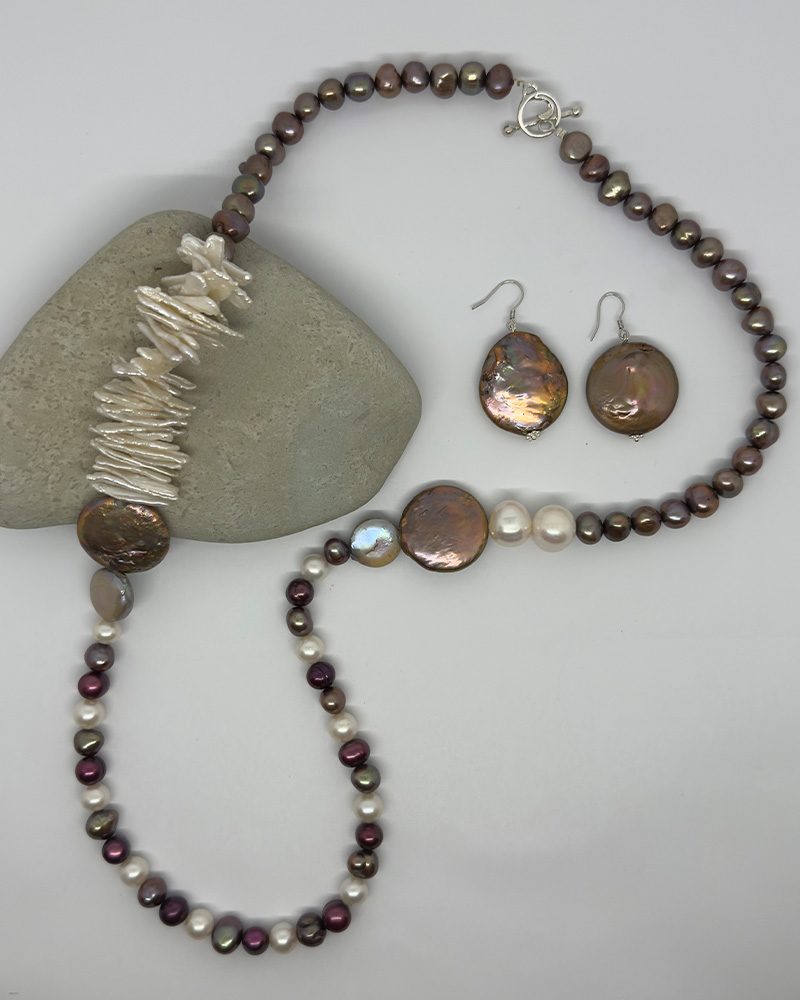 Collar y aretes de perlas cultivadas barrocas y redondas cierre de plata 9.25
