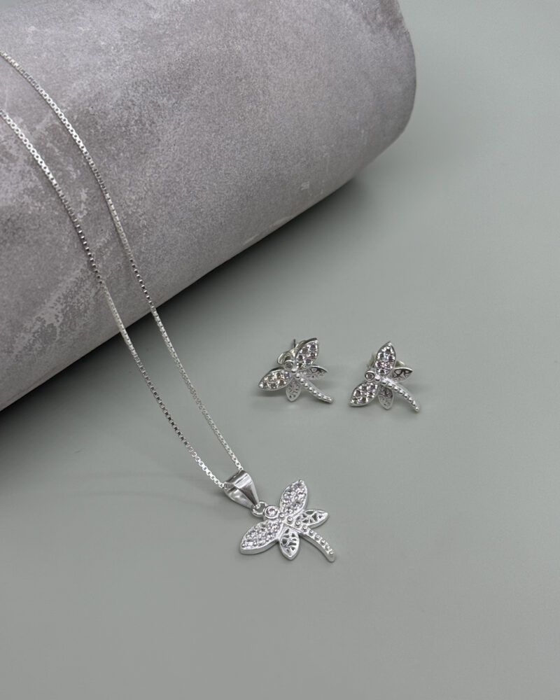 Dije libélula, cadena y aretes de plata 9.25 con circones